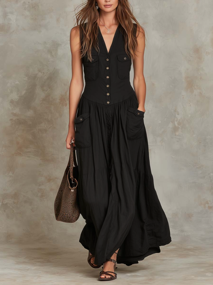 Vintage-Inspired Long Dress Featuring Pockets