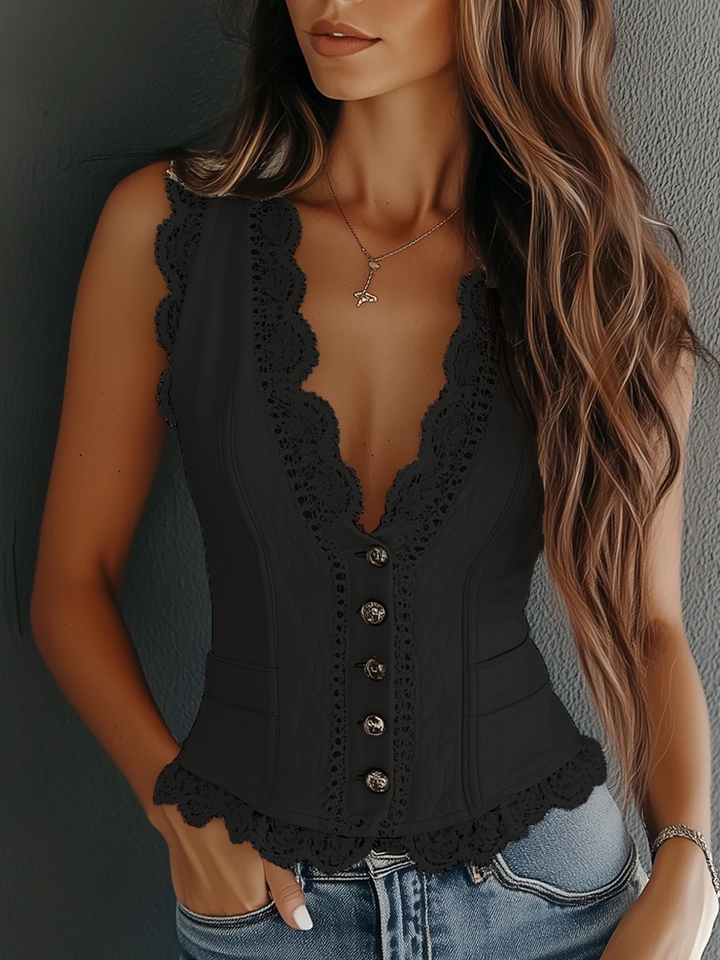 Retro Faux Leather Vest with Glossy Lace Accents
