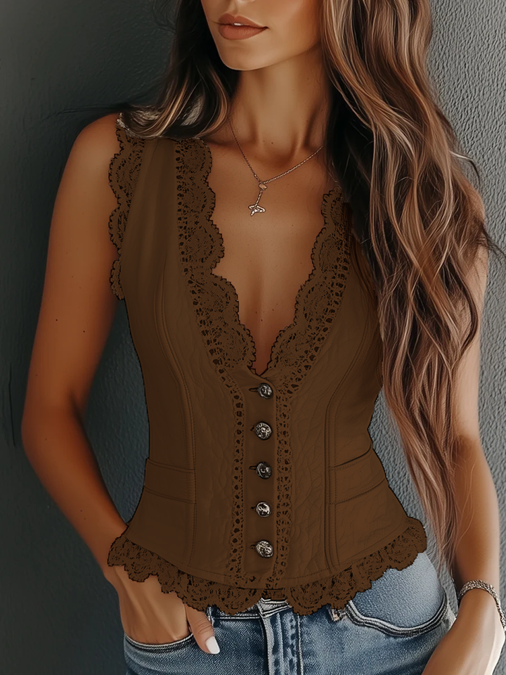 Retro Faux Leather Vest with Glossy Lace Accents