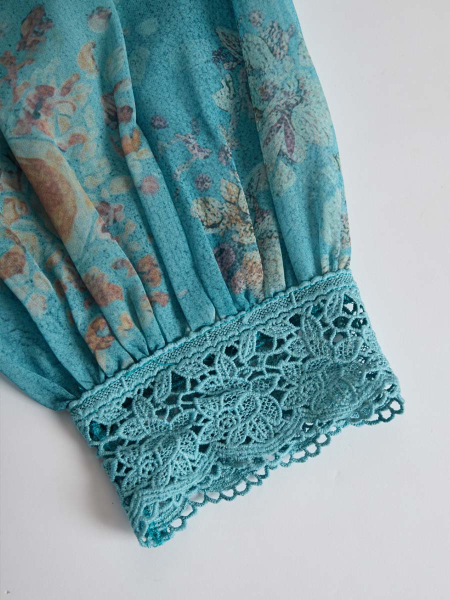 Retro Ethnic Blouse Featuring Floral Lace Accents