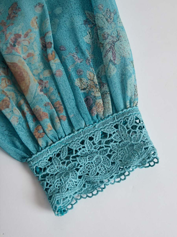 Retro Ethnic Blouse Featuring Floral Lace Accents