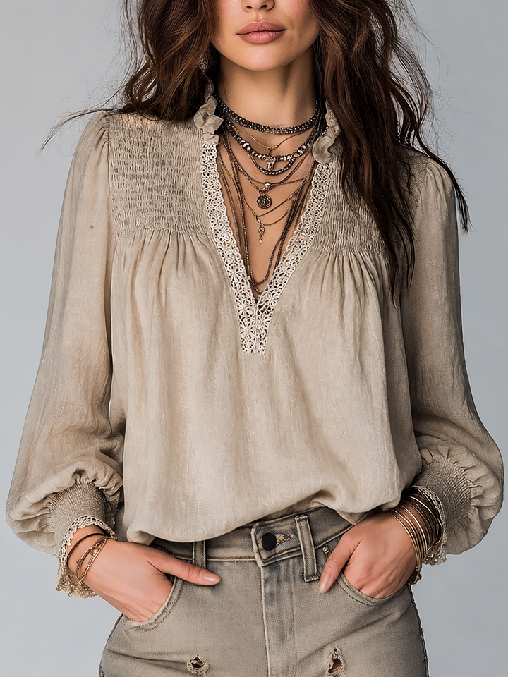 Retro Lace-Trimmed Pleated Collar Cotton Linen Blouse