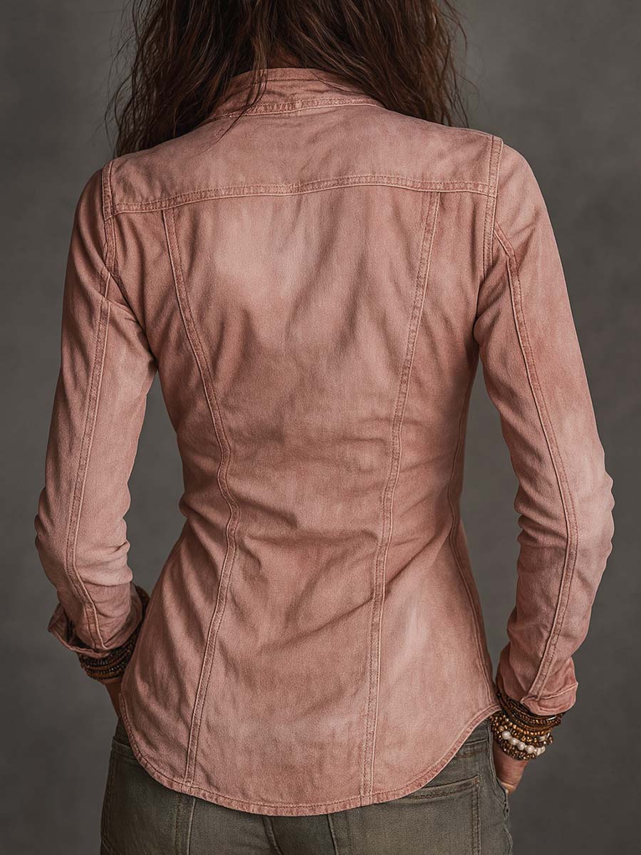 Vintage-Inspired Distressed Denim Zip-Up Jacket