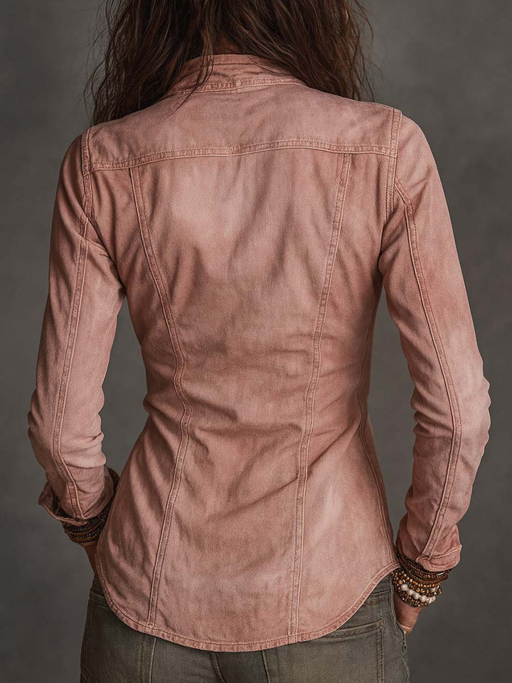 Vintage-Inspired Distressed Denim Zip-Up Jacket