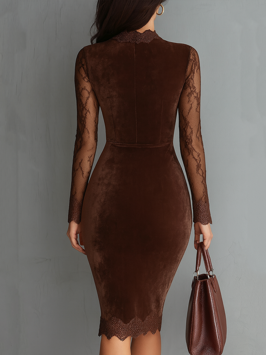 Retro Mini Dress with Keyhole Neckline and Lace Sleeves