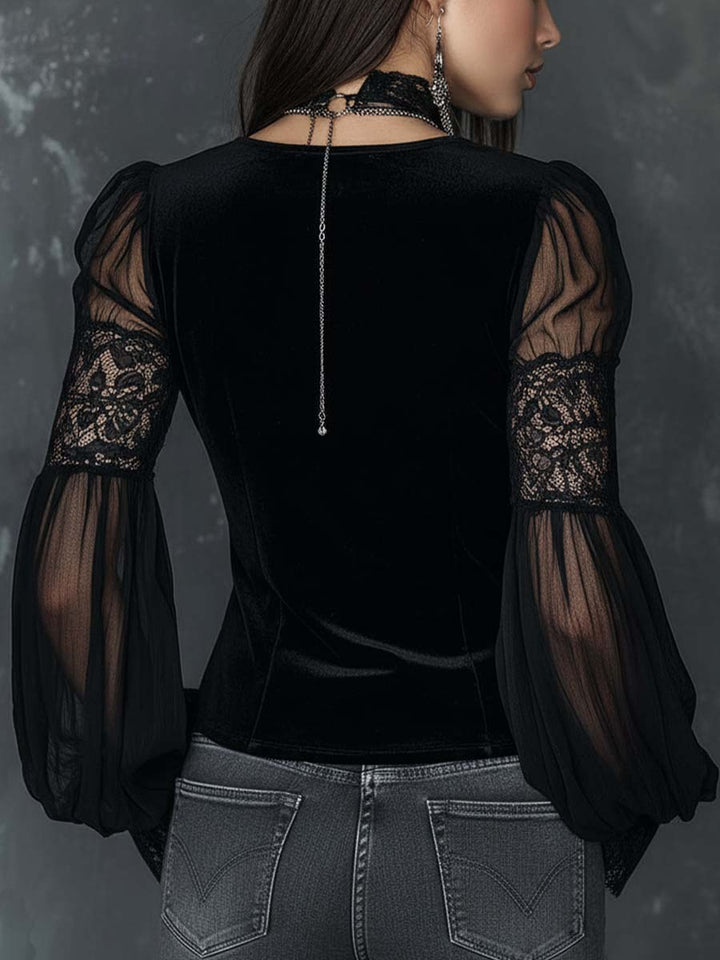 Retro Velvet Blouse with Henley Collar, Sheer Sleeves, and Lace Detailing