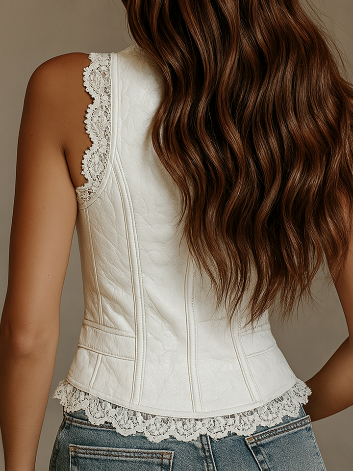 Retro Faux Leather Vest with Glossy Lace Accents