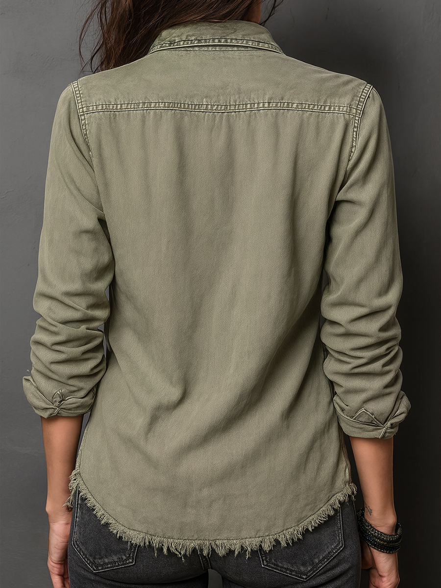 Retro Long Sleeve Blouse with Pockets and Distressed Finish