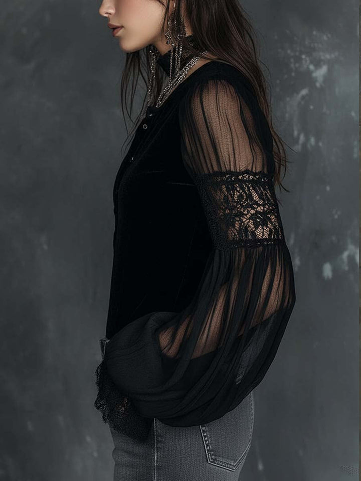 Retro Velvet Blouse with Henley Collar, Sheer Sleeves, and Lace Detailing