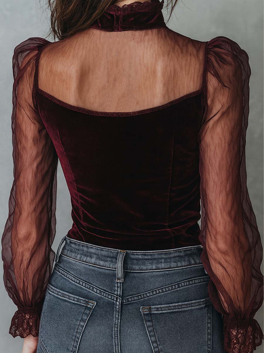 Vintage-Inspired Velvet Blouse with Sheer Sleeves