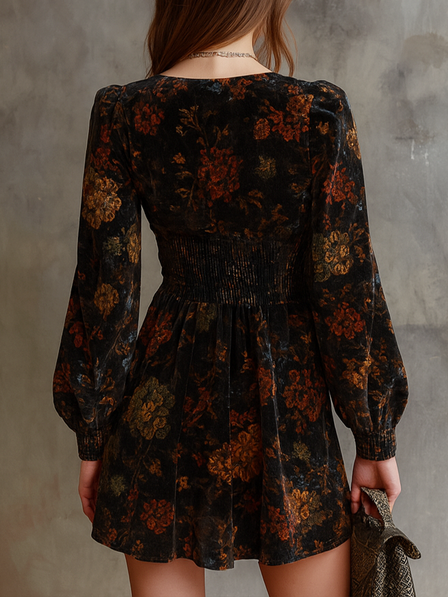 Vintage-Inspired Velvet Mini Dress with Pleated Waist and Floral Design