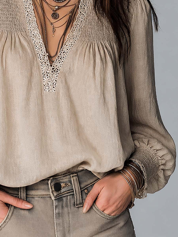 Retro Lace-Trimmed Pleated Collar Cotton Linen Blouse