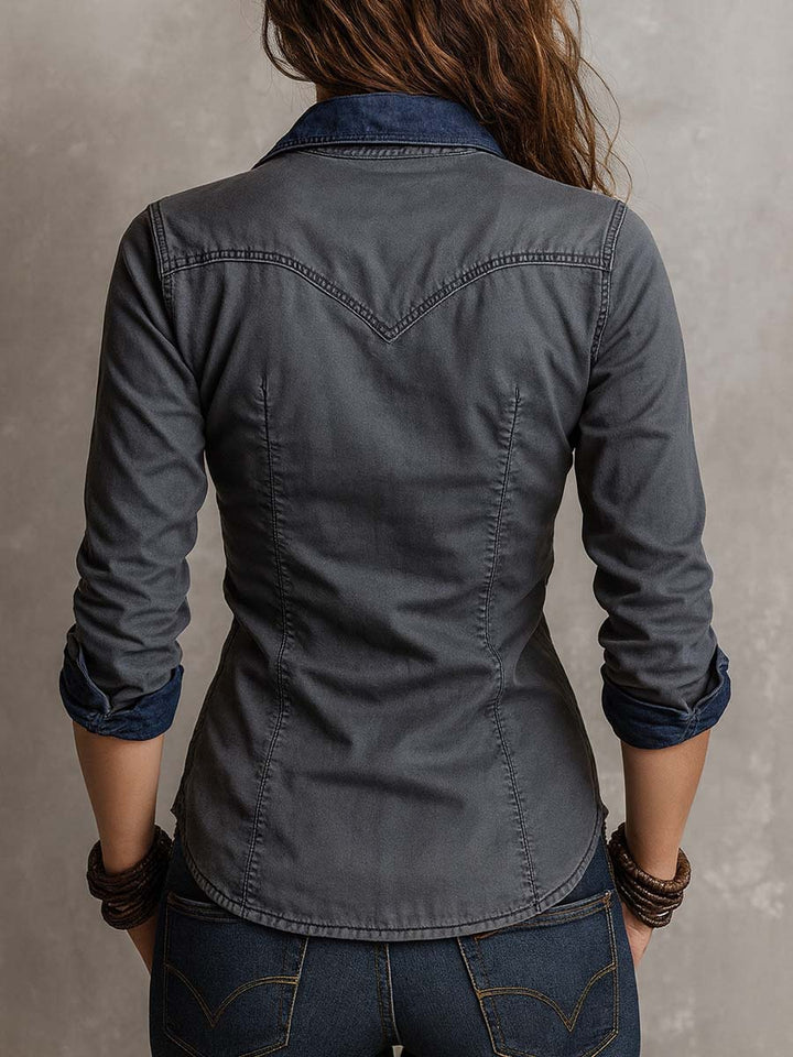 Vintage-Inspired Distressed Long Sleeve Denim Zip-Up Shirt