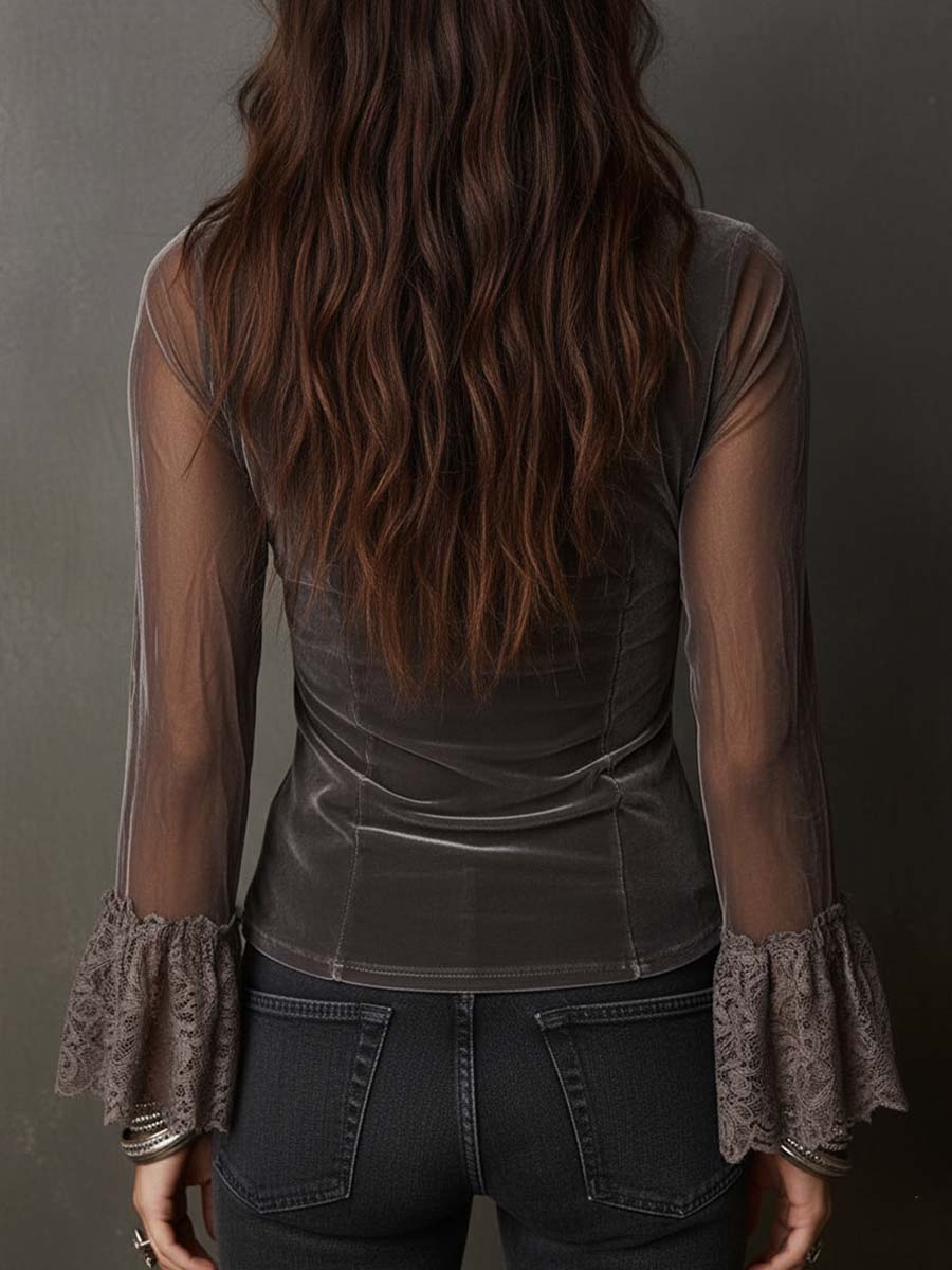 Retro Velvet Blouse Featuring Sheer Sleeves and Lace Details