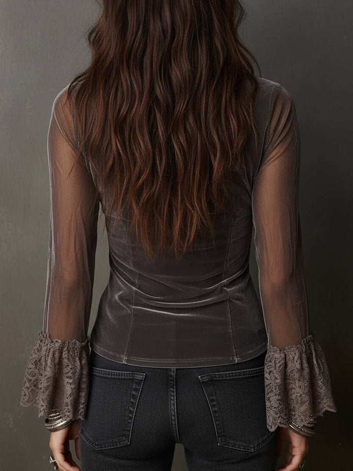 Retro Velvet Blouse Featuring Sheer Sleeves and Lace Details