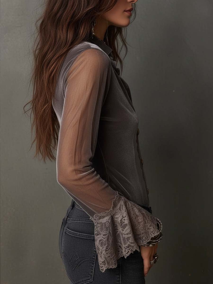 Retro Velvet Blouse Featuring Sheer Sleeves and Lace Details