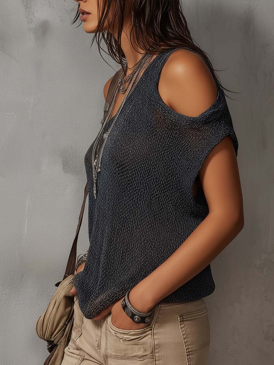 Vintage-Inspired Asymmetric Knit Top with Shoulder Cutouts