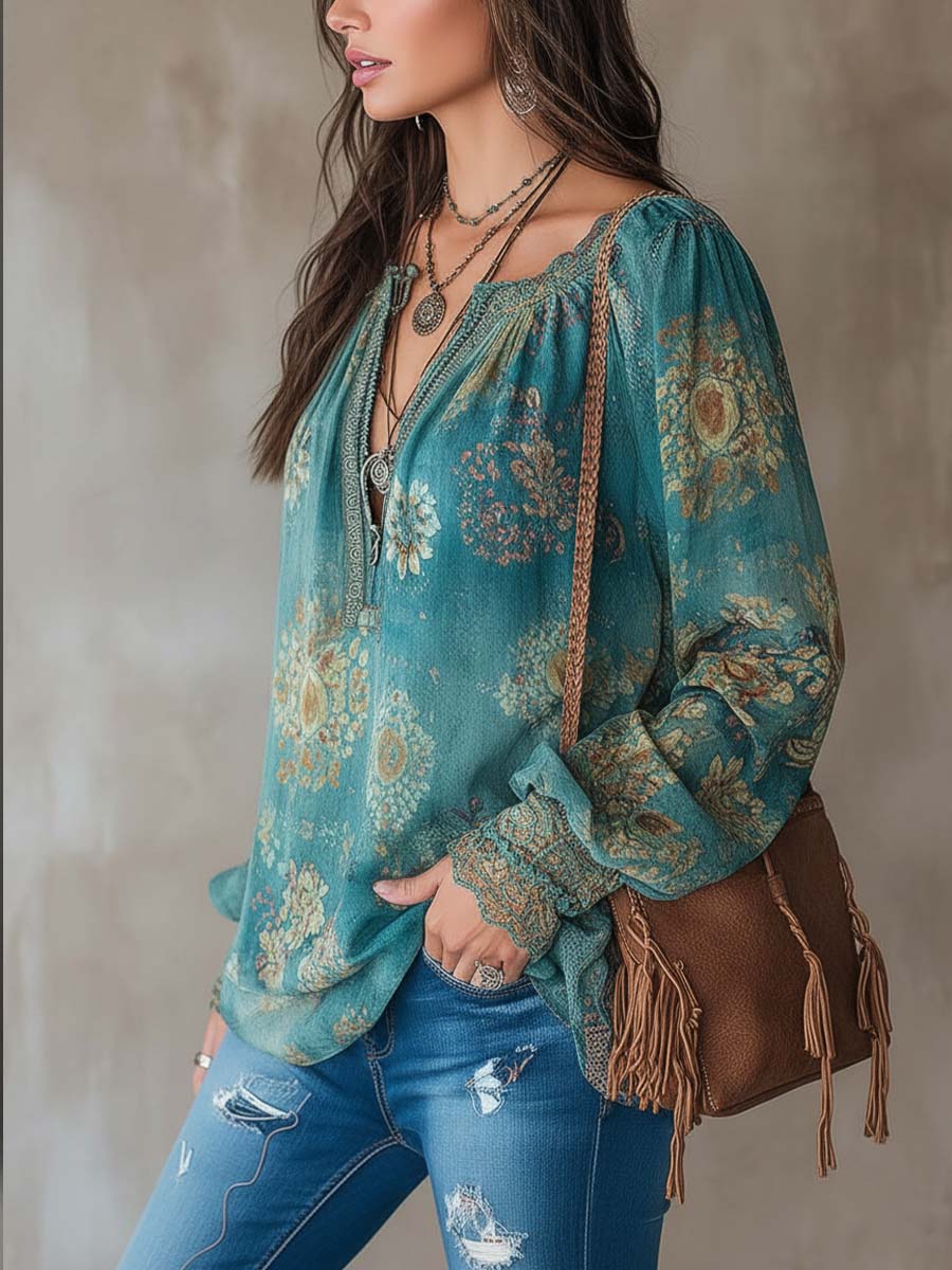 Retro Ethnic Blouse Featuring Floral Lace Accents