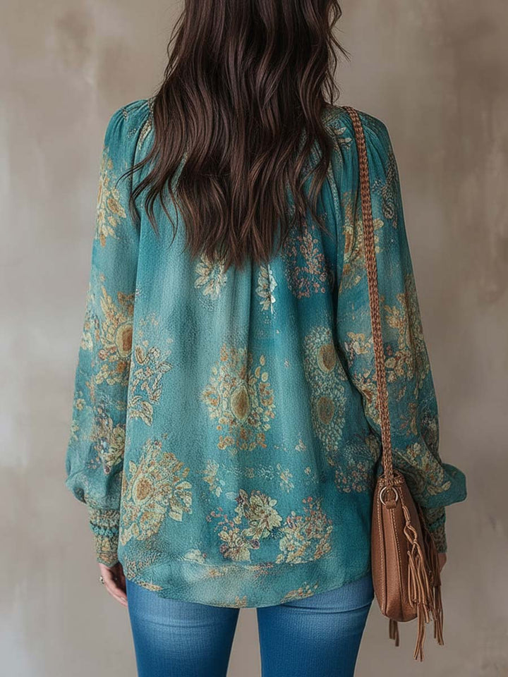 Retro Ethnic Blouse Featuring Floral Lace Accents