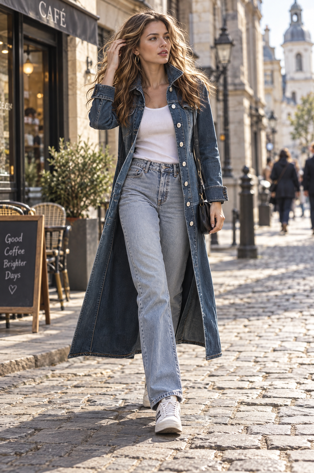 Bohemian-Inspired Long Washed Denim Coat with Unique Collar Design