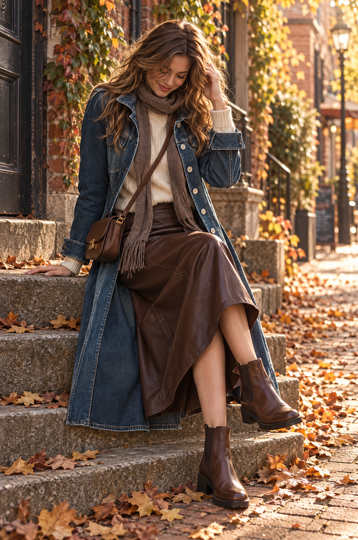 Bohemian-Inspired Long Washed Denim Coat with Unique Collar Design