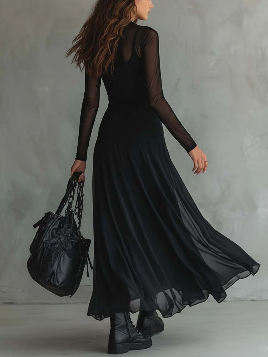Vintage-Inspired Maxi Dress Featuring Sheer Sleeves