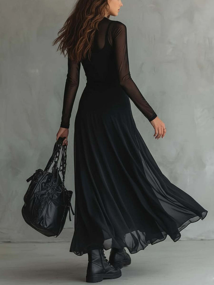 Vintage-Inspired Maxi Dress Featuring Sheer Sleeves