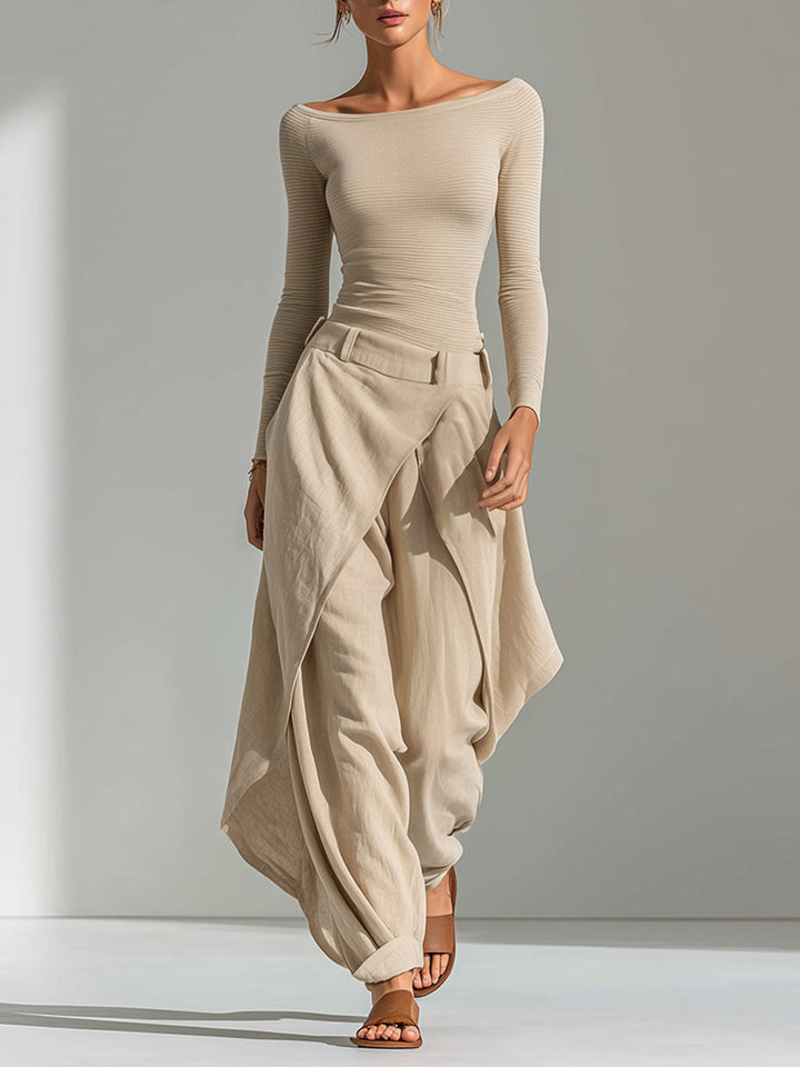 Beige Ensemble Featuring Wide-Leg Trousers and Boat Neck Top