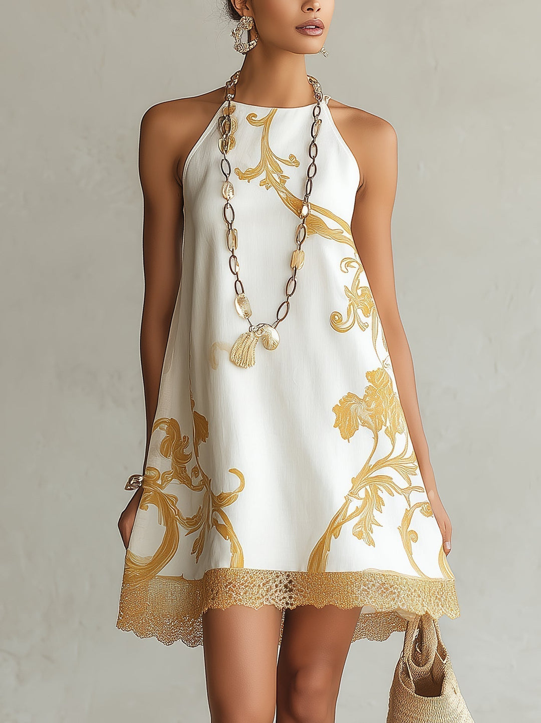 Leokádia | Elegant White Mini Dress Featuring Gold Floral Design