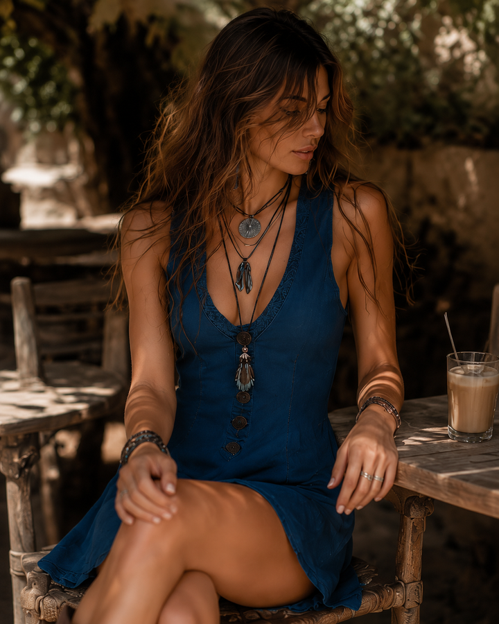 Indigo Embroidered Sleeveless Mini Dress with Boho Chic Style