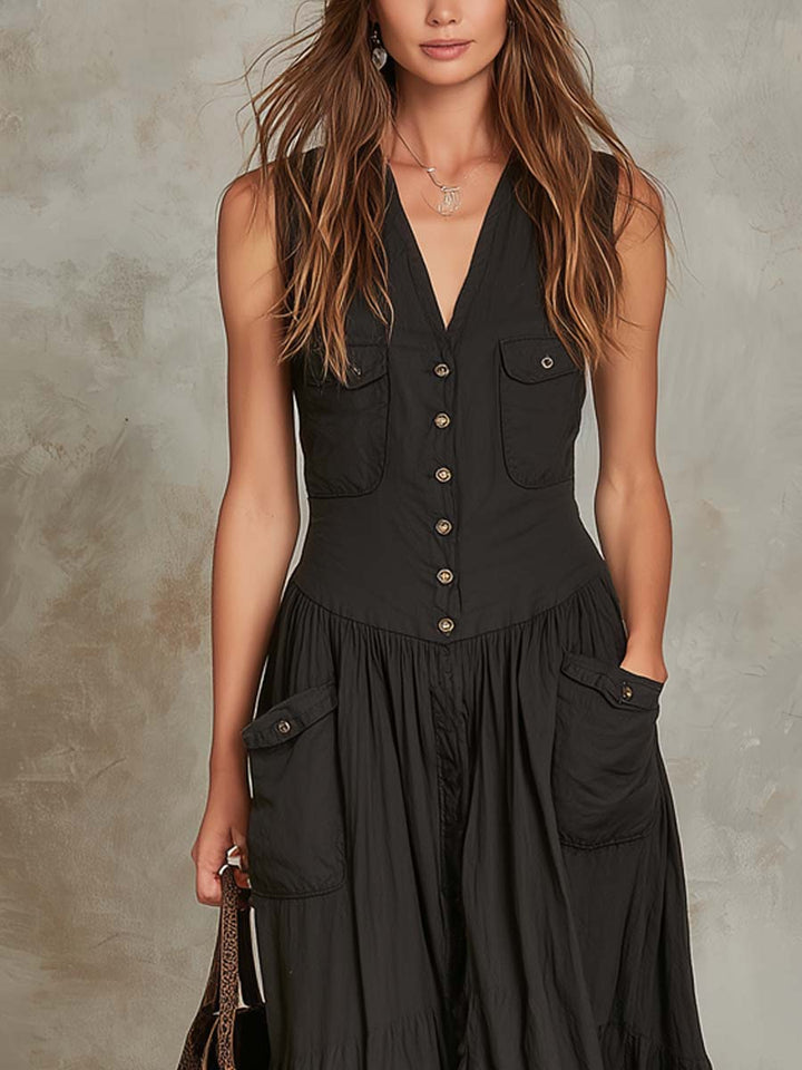 Vintage-Inspired Long Dress Featuring Pockets