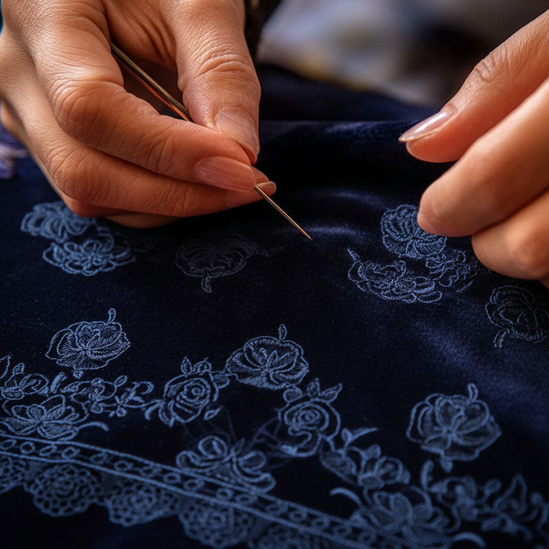 Embroidered Velvet Dress with Buttoned Cuffs