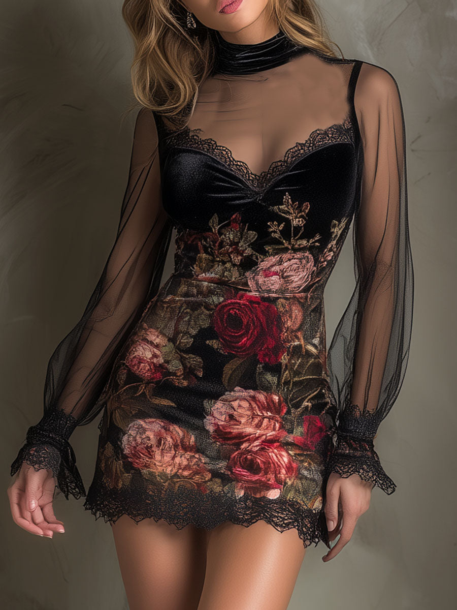 Sheer Pink Velvet Mini Dress with Lace Accents and Print