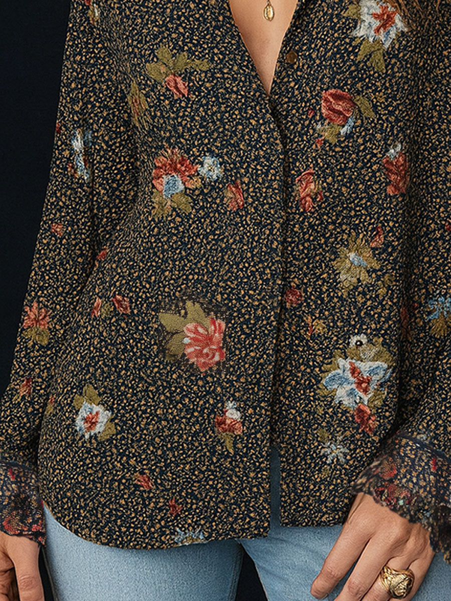 Vintage Floral Tee with Curved Hem and Stitched Sleeves