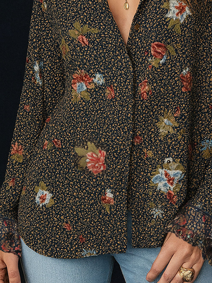 Vintage Floral Tee with Curved Hem and Stitched Sleeves