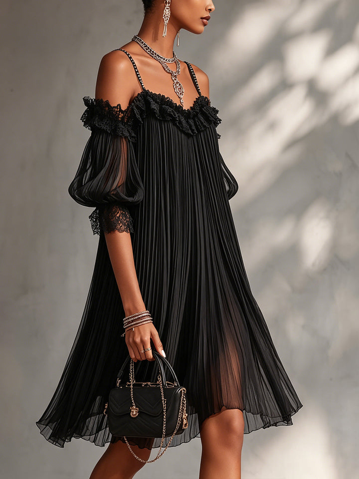Marta | Black Mini Dress Featuring Exposed Shoulders and Elegant Trim