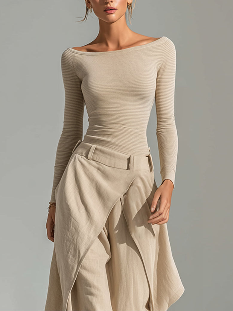 Beige Ensemble with Tailored Top and Flared Trousers