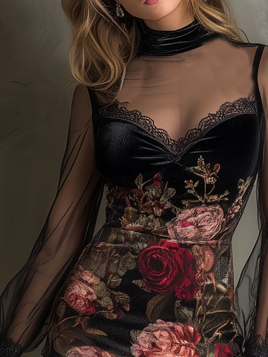 Sheer Pink Velvet Mini Dress with Lace Accents and Print