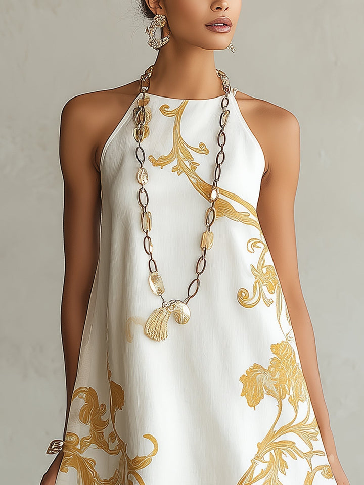Leokádia | Elegant White Mini Dress Featuring Gold Floral Design