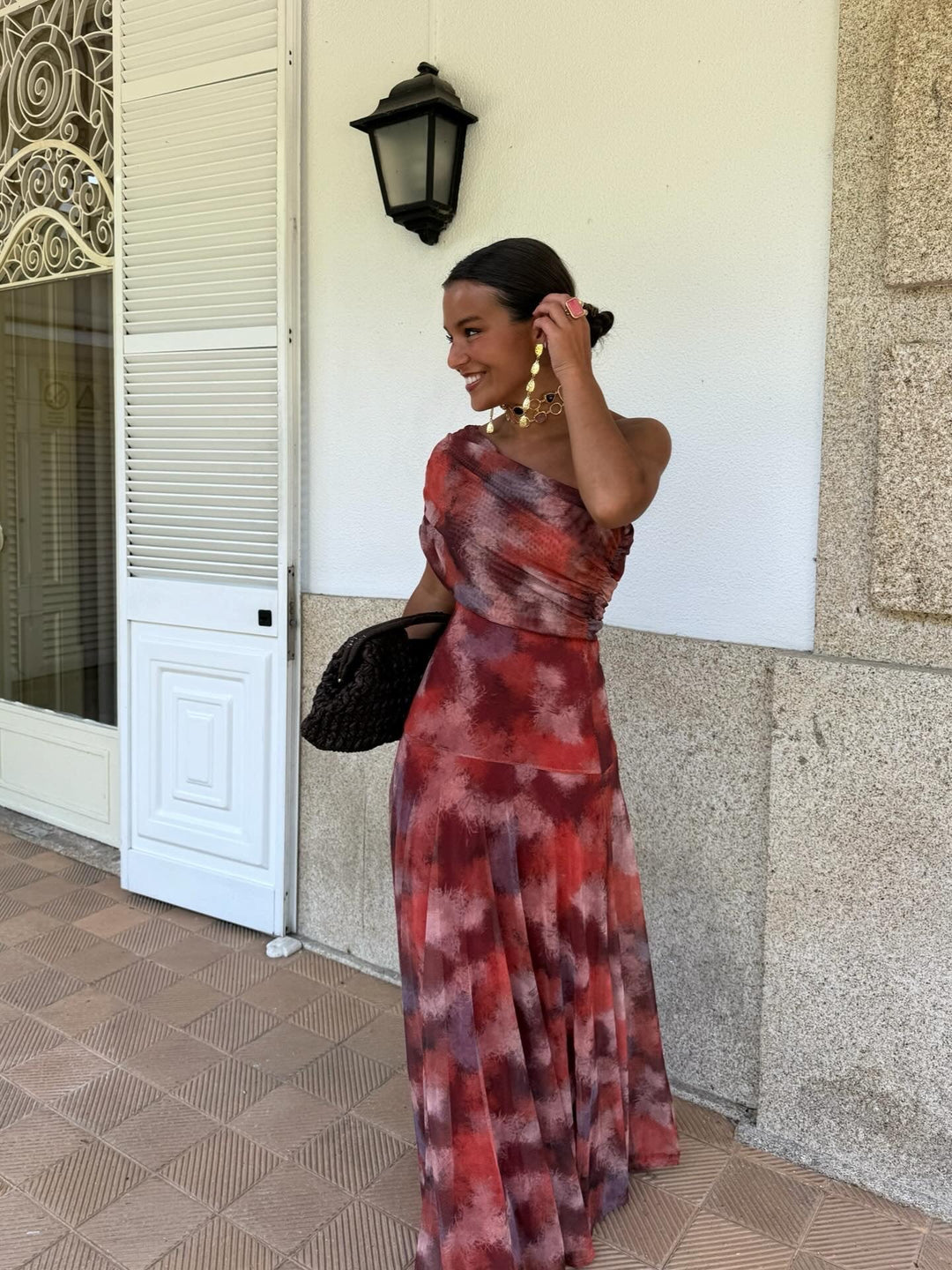 Tavira - Long Dress with Off-Shoulder Straps in Watercolour