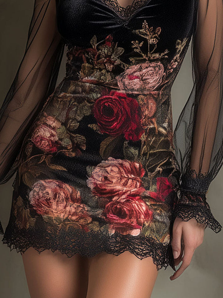 Sheer Pink Velvet Mini Dress with Lace Accents and Print