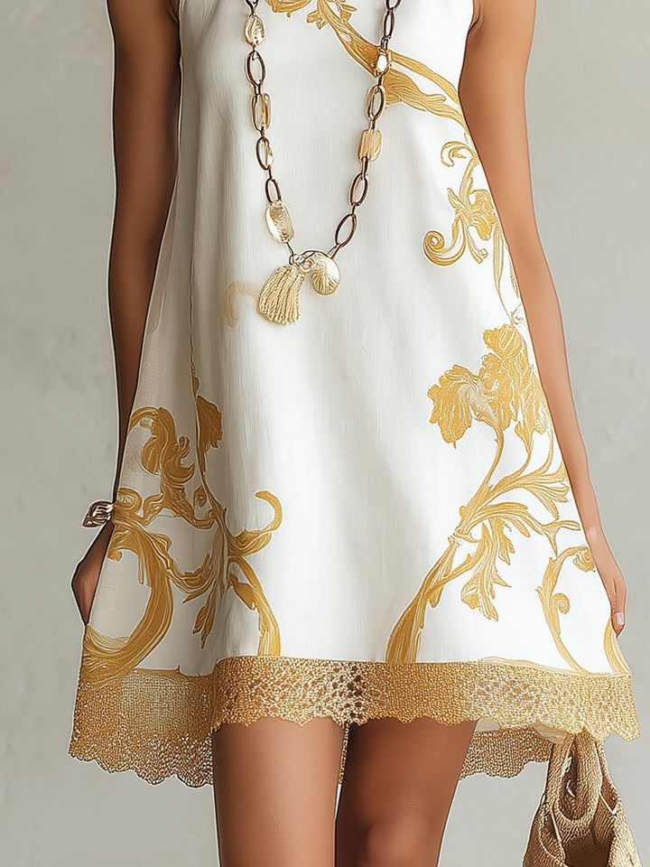 Leokádia | Elegant White Mini Dress Featuring Gold Floral Design