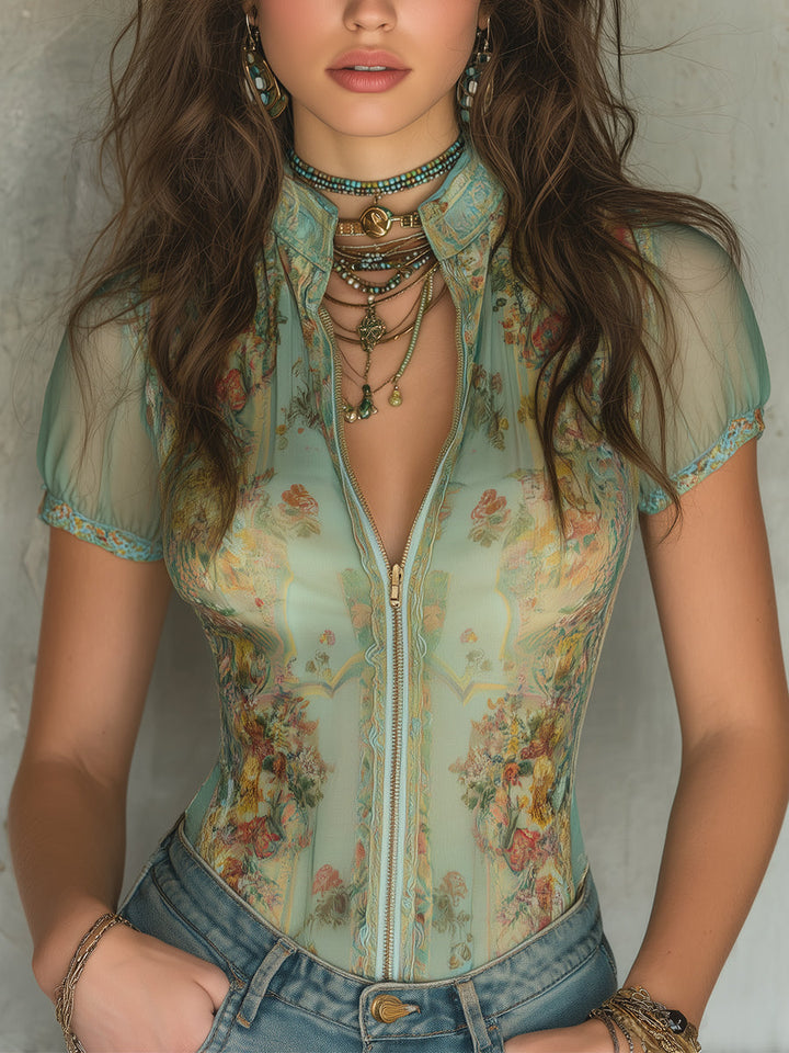 Vintage-Inspired Satin Short Sleeve Slim-Fit Blouse