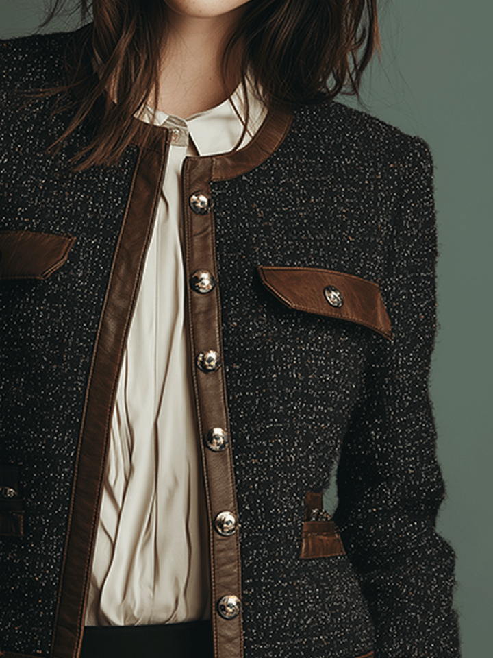 Timeless Vintage Tweed Jacket Featuring Leather Accents