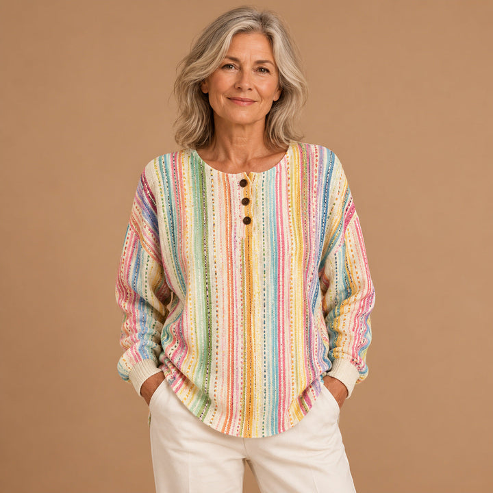 Laoise - Striped Jumper with Colourful Design and Button Detail