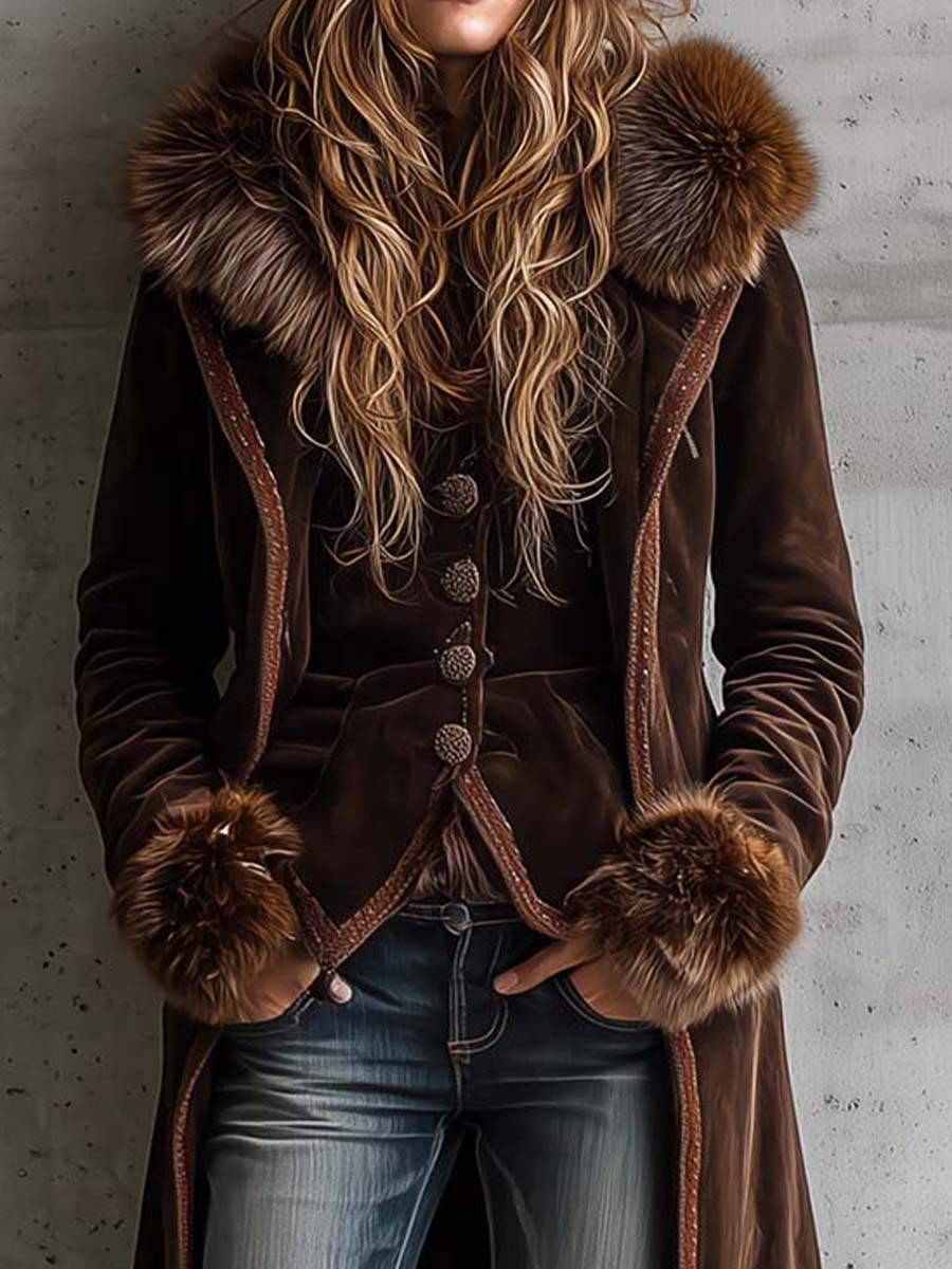 Brown Microfiber Maxi Suit with Metallic Buttons and Faux Fur Accents