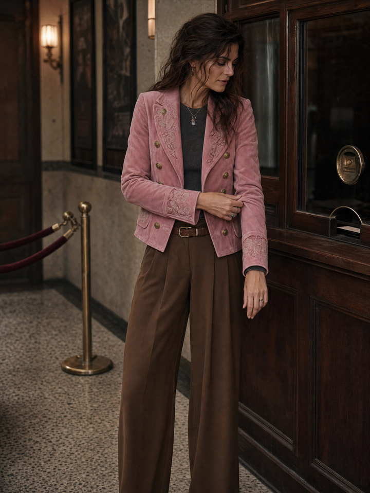 Retro Double-Breasted Suede Blazer Featuring Elegant Embroidery