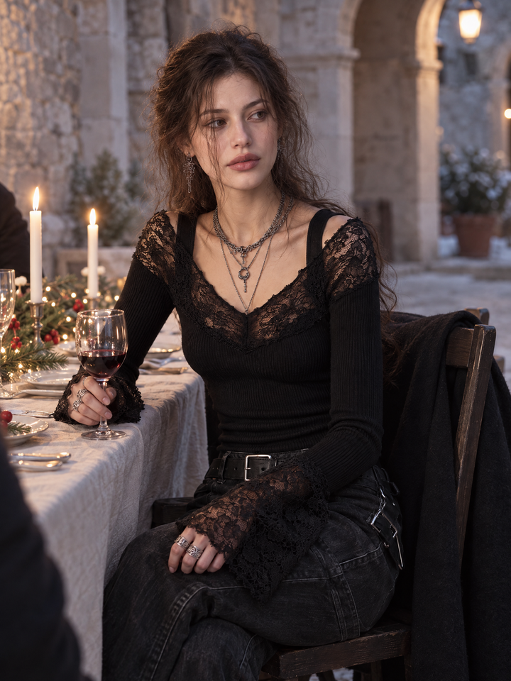 Lace-Trimmed Gothic Top with Open Shoulders, Long Sleeves, and Fingerless Hoods