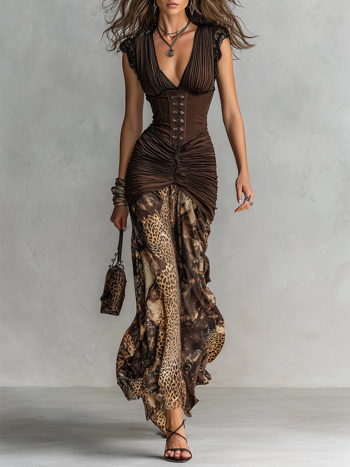 Retro Leopard Corset Maxi Dress with Pleated Design