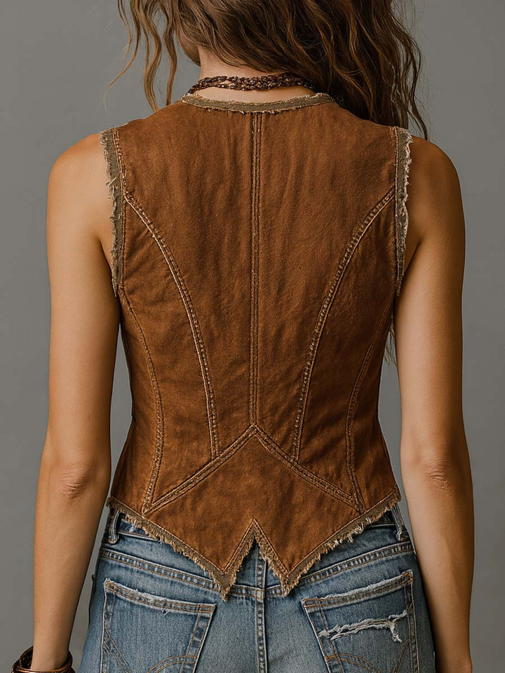 Shiny Caramel Denim Vest with Decorative Stitching and Gold Accents